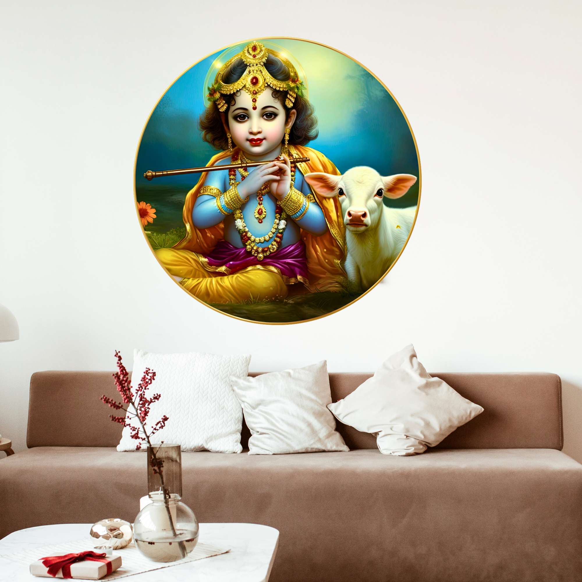 Wall Painting for Wall Decoration with Frame Sparkle Glossy Round Golden Framed Large Painting Office, Living Room, Bedroom,