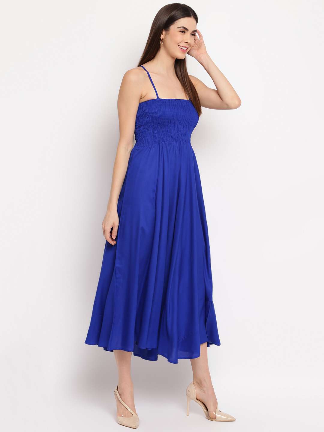 Women’s Viscose Rayon Solid Shoulder Straps Sleeveless Flared Gown Drees (Royal Blue) - Image 2
