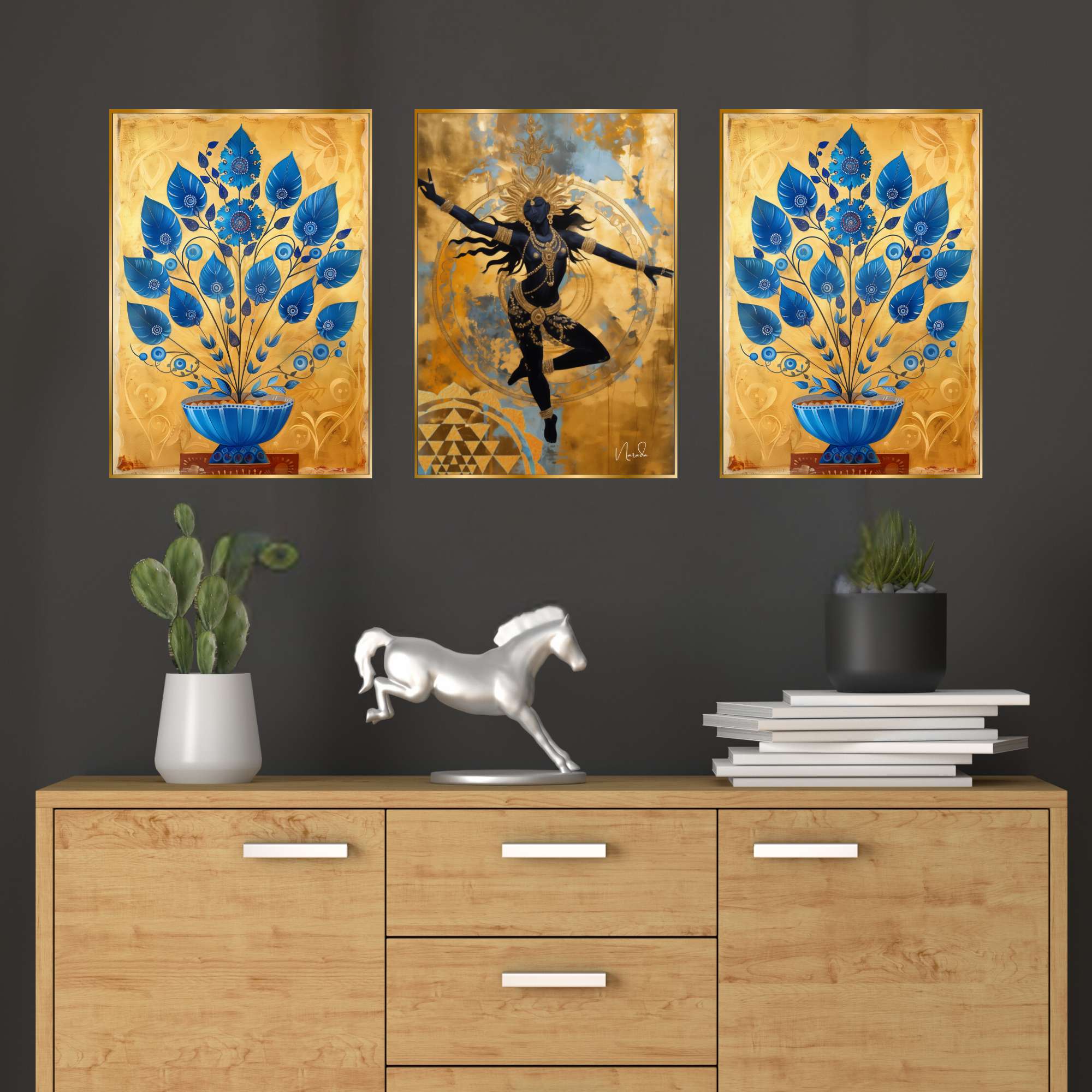 Set of Three Wall Paintings for Wall Dacoration Golden Framed Wall Paintings for Living Room & Bedroom Wall Art for Home Deco