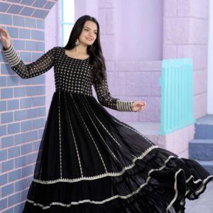 Black Premium Faux Blooming Designer Gown with Sequins & Zari Embroidery ? Elegant Ready-to-Wear Dress