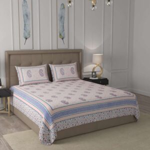 100% Pure Cotton Traditional Printed Bedsheet for Double Bed King Size Bedsheet with 2 Pillow Covers