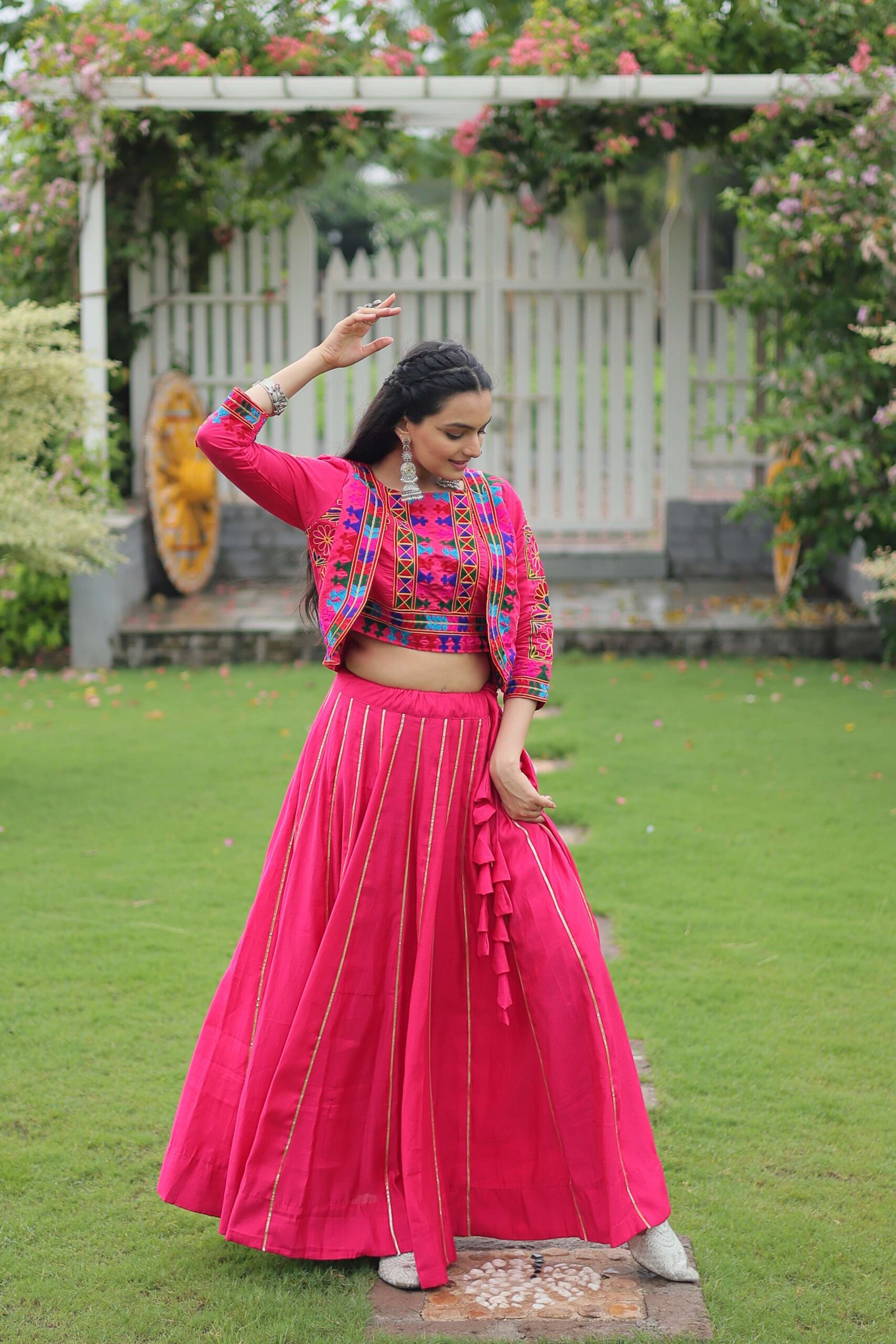 Vibrant Roman Fabric Navratri Lehenga Choli Set with Koti Blouse - Image 8