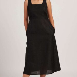 Women's Cotton Solid Pain Sleeveless Midi Dress Stylish Western One Piece Casual Empire Dress ( Midnight Black )