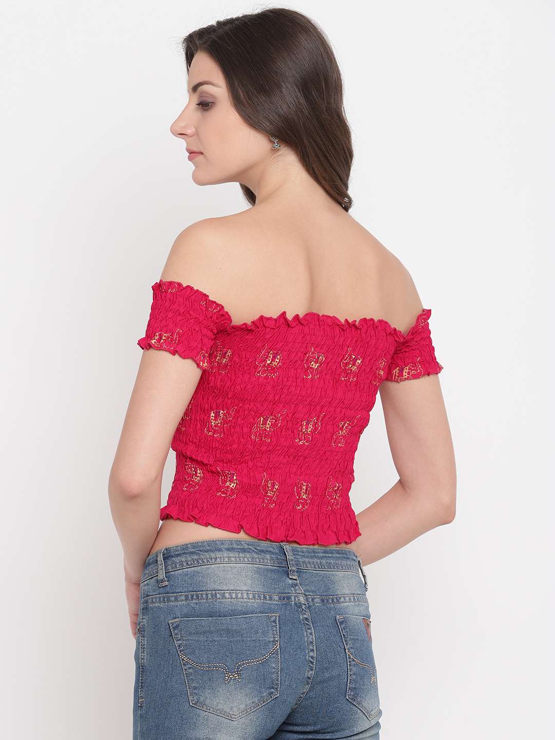 Women’s Rayon Printed Off-Shoulder Smocked Crop Top Short Sleeve Casual Styles Tank Top (FREE SIZE) Multi14 - Image 3