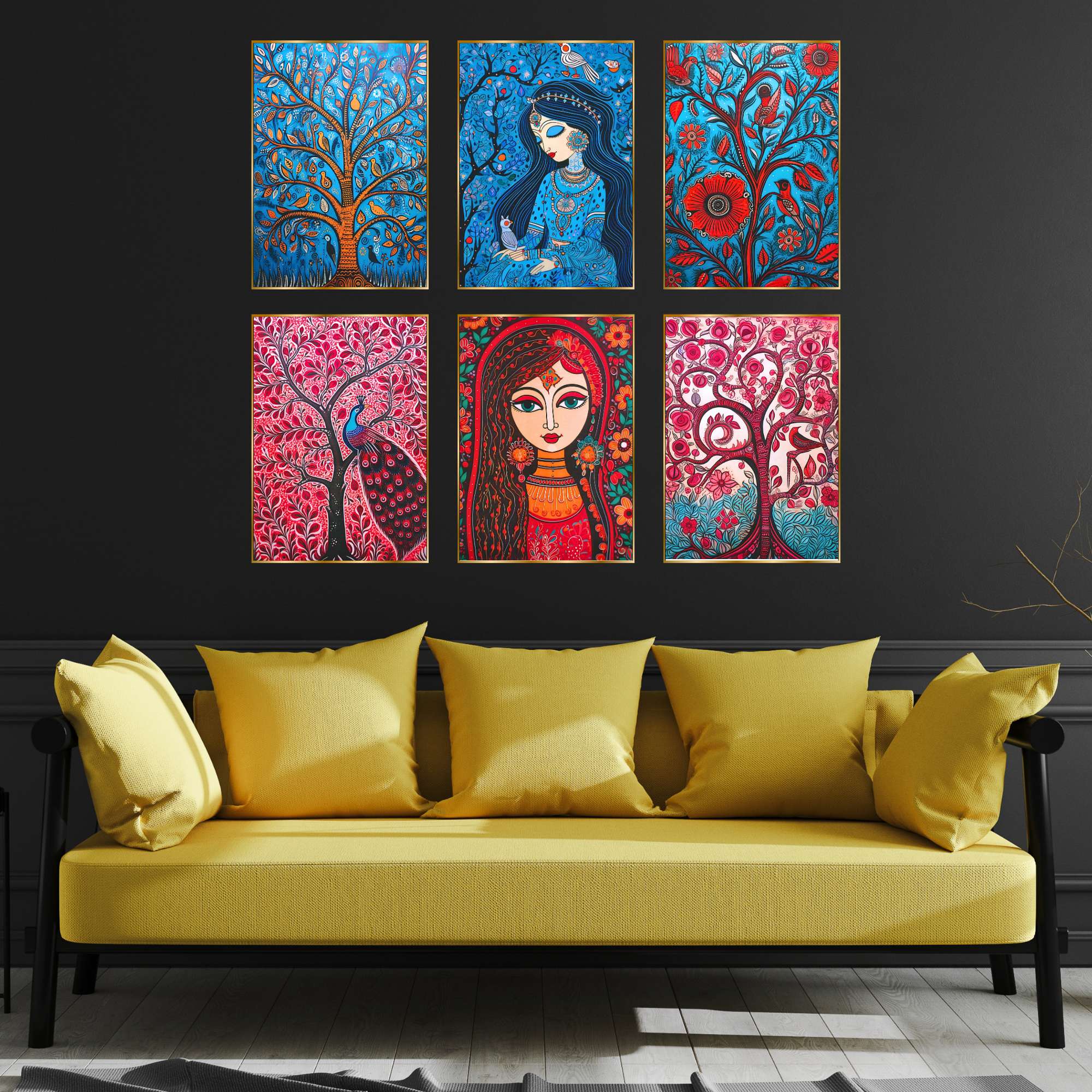 Set of Six Wall Paintings for Wall Dacoration Golden Framed Wall Paintings for Living Room & Bedroom Wall Art for Home Decora