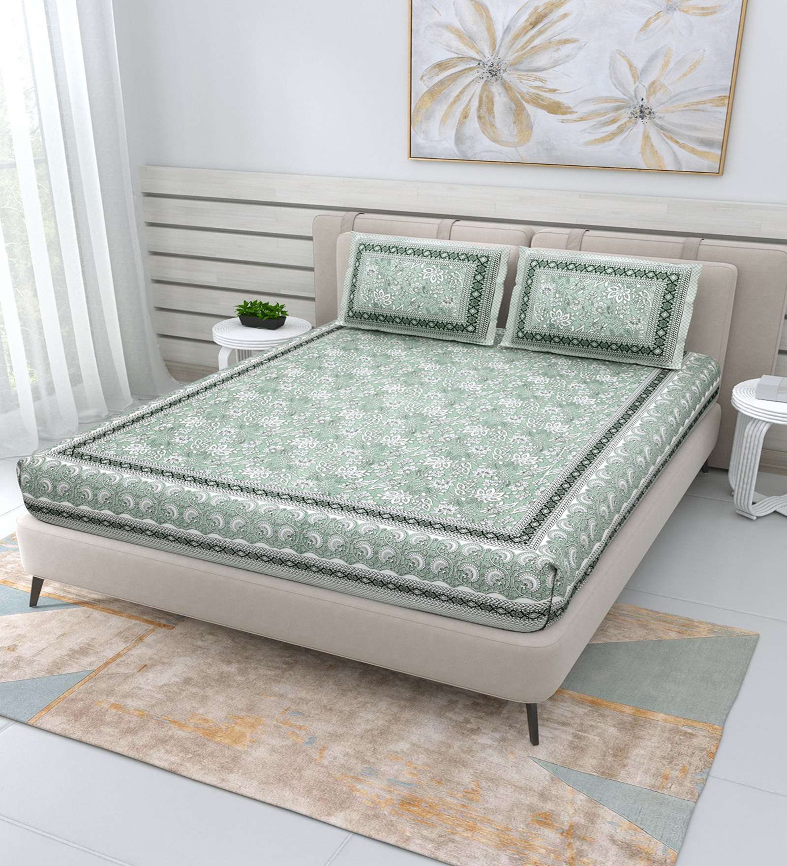 100% Pure Cotton Traditional Printed Bedsheet for Double Bed King Size Bedsheet with 2 Pillow Covers