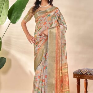 Royal Soft Silk Saree with Zari Border & Lotus Peacock Print