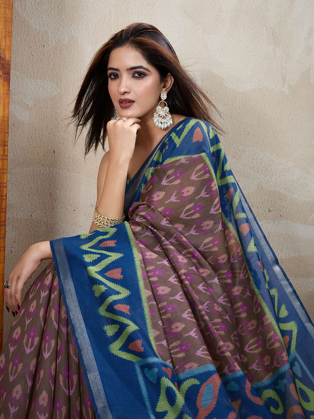 Brown & Blue Ikat Printed Chanderi Saree ? Elegant Traditional & Festive Wear - Image 4