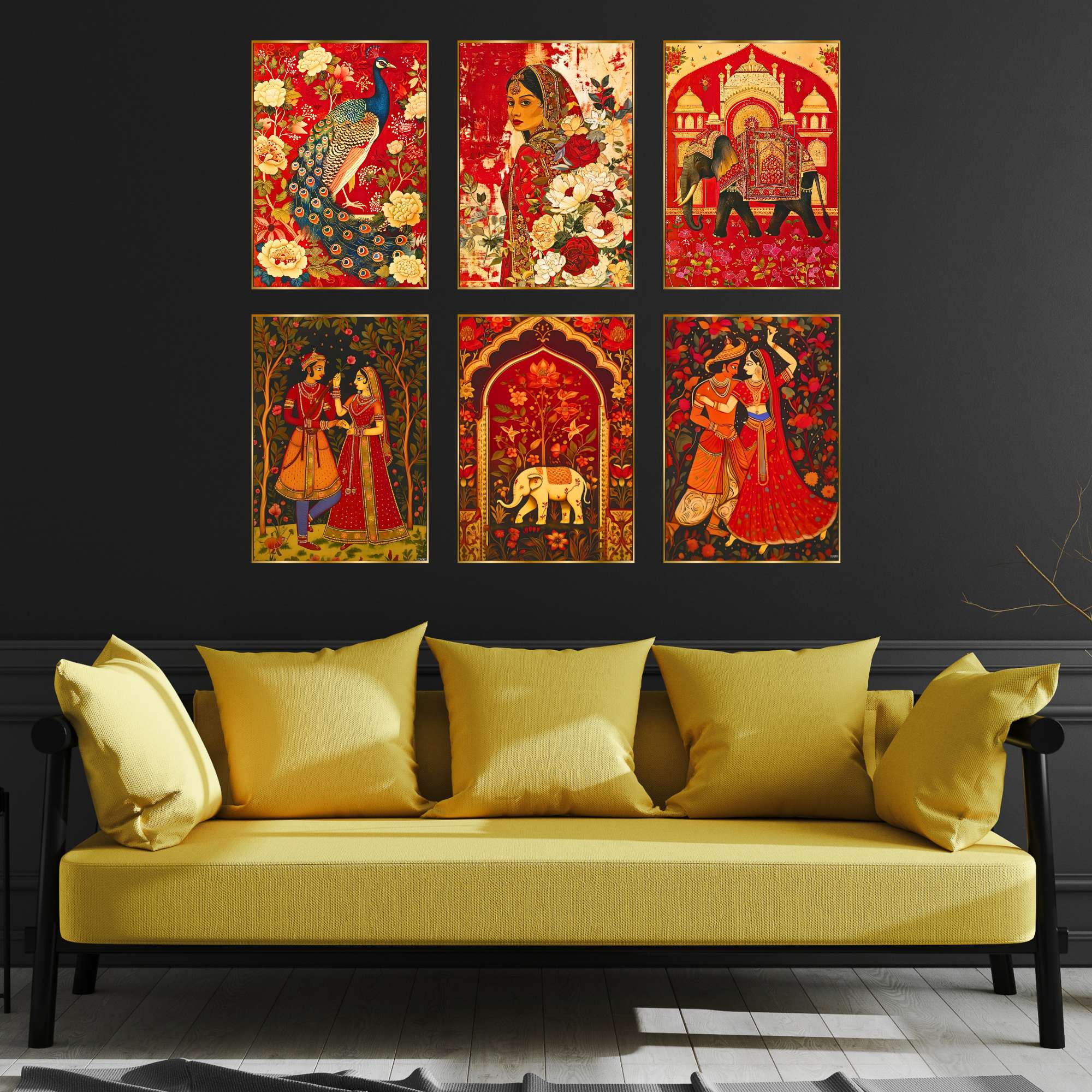 Set of Six Wall Paintings for Wall Dacoration Golden Framed Wall Paintings for Living Room & Bedroom Wall Art for Home Decora
