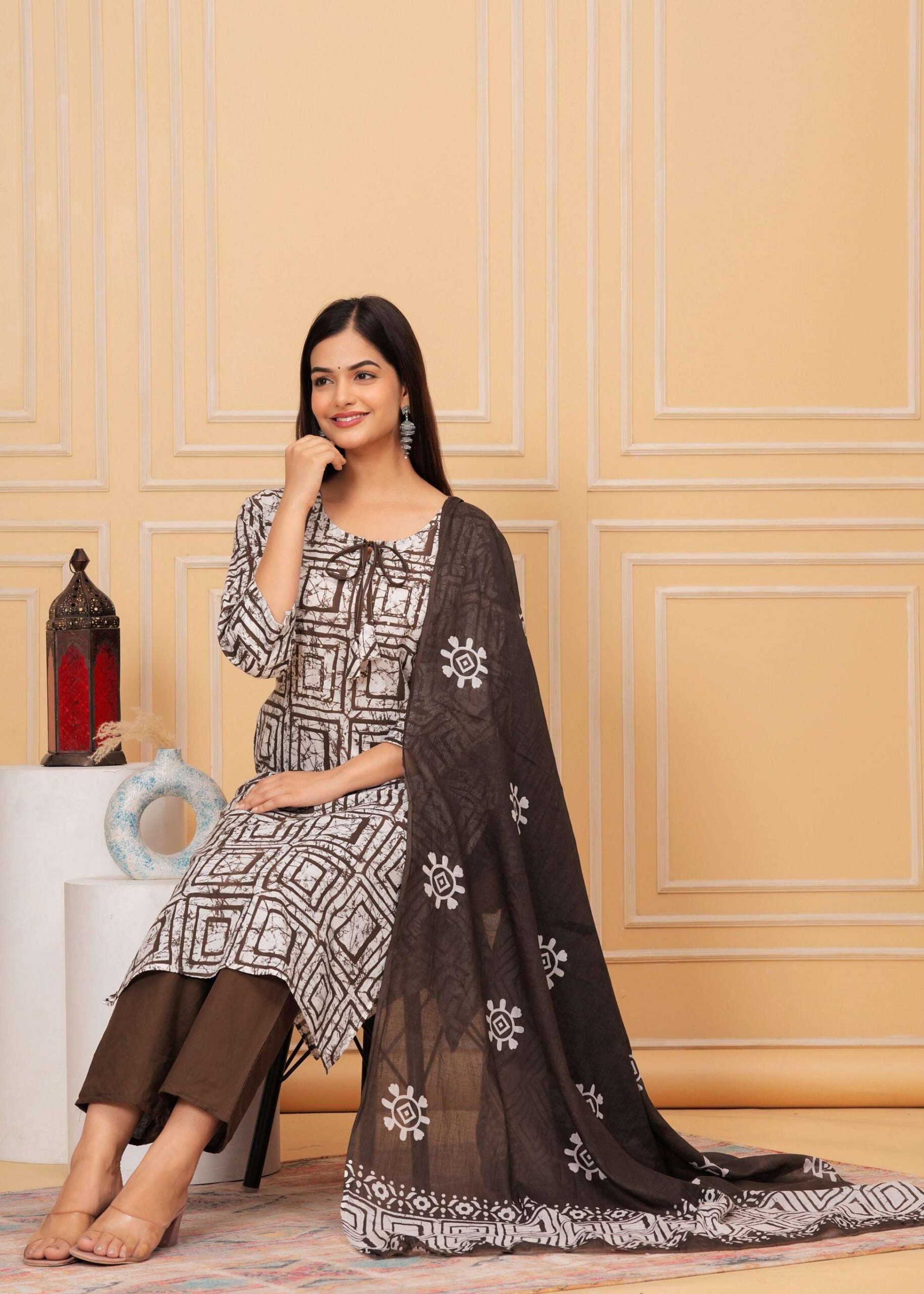 Women's Cotton Hand Block Printed Straight Kurti with Pant and Printed Dupatta - Image 3