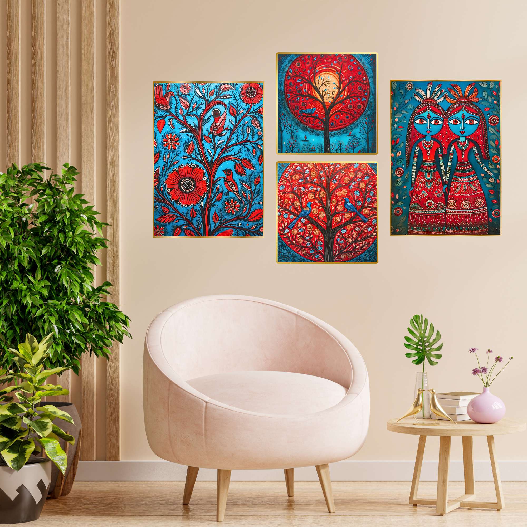 Set of Four Wall Paintings for Wall Dacoration Golden Framed Wall Paintings for Living Room & Bedroom Wall Art for Home Decor