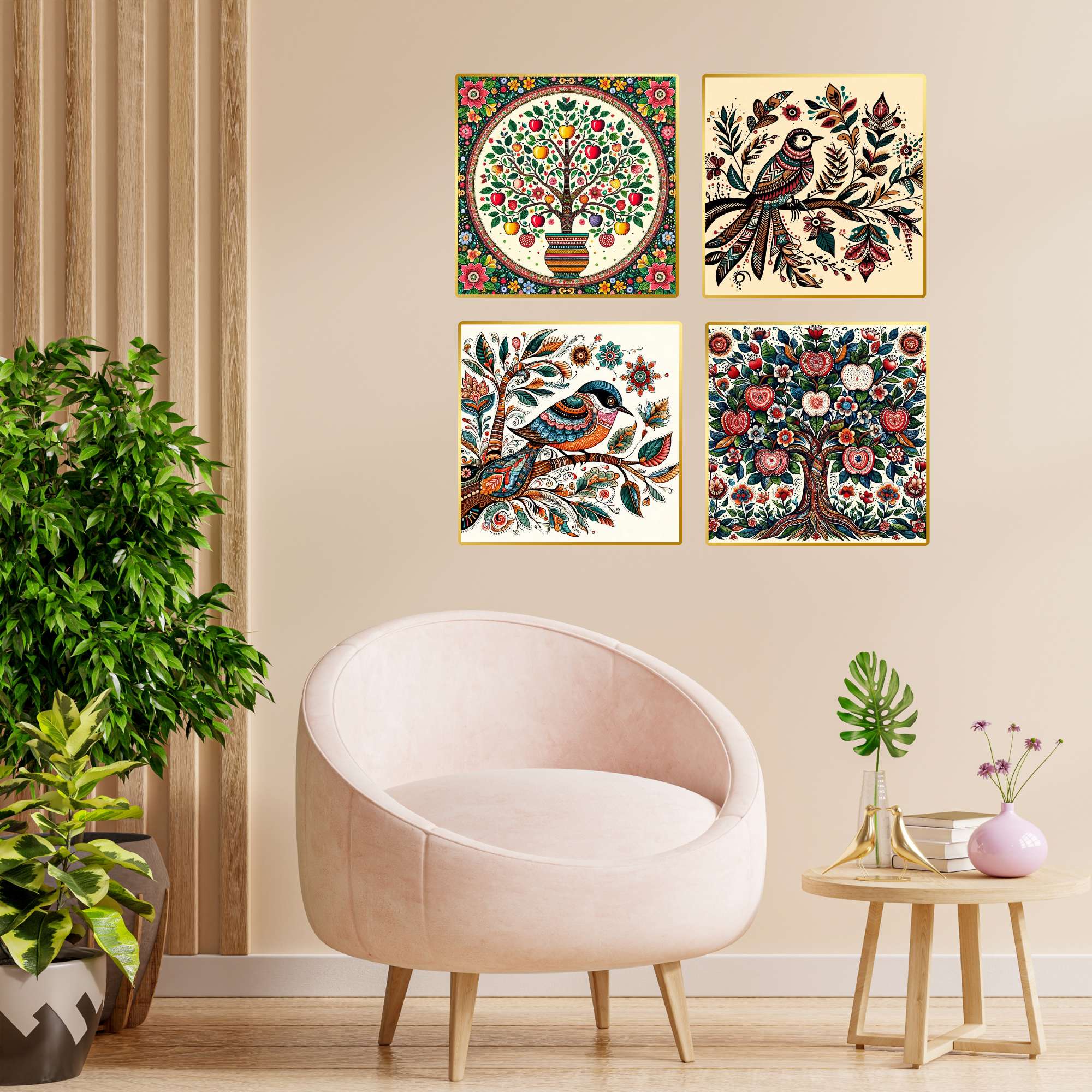 Set of Four Wall Paintings for Wall Dacoration Golden Framed Wall Paintings for Living Room & Bedroom Wall Art for Home Decor