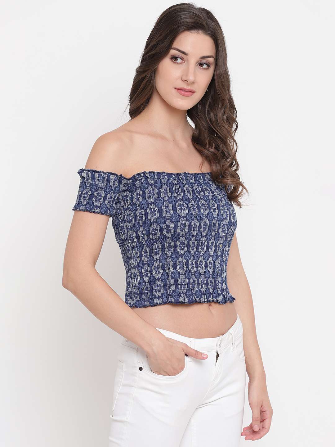 Women’s Rayon Printed Off-Shoulder Smocked Crop Top Short Sleeve Casual Styles Tank Top (FREE SIZE) Multi42