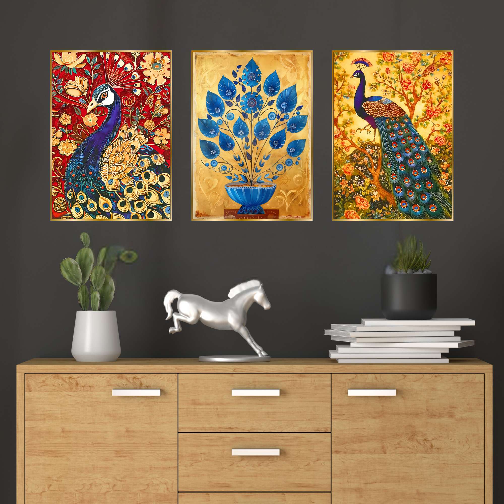 Set of Three Wall Paintings for Wall Dacoration Golden Framed Wall Paintings for Living Room & Bedroom Wall Art for Home Deco