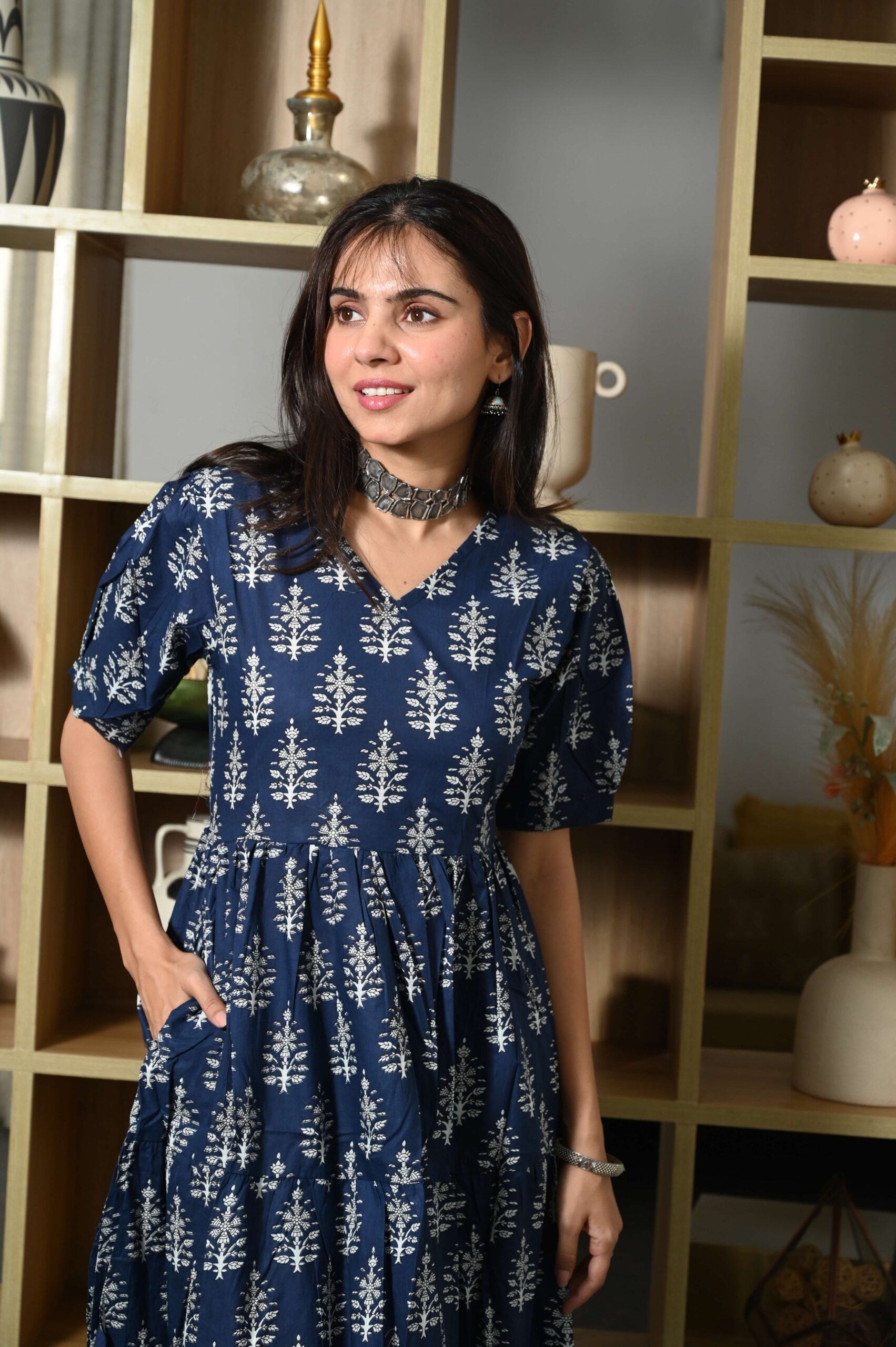 Navy-Blue Printed Cotton Anarkali Maxi Dress with Puff Sleeves Elegant Casual Wear - Image 4