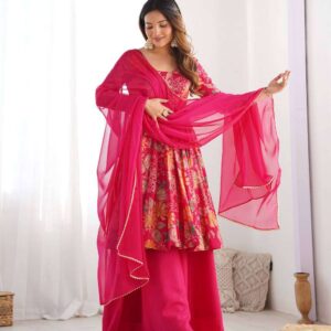 Women's Pure Romansilk Chanderi Printed Anarkali Kurti With Palazzo & Dupatta Set