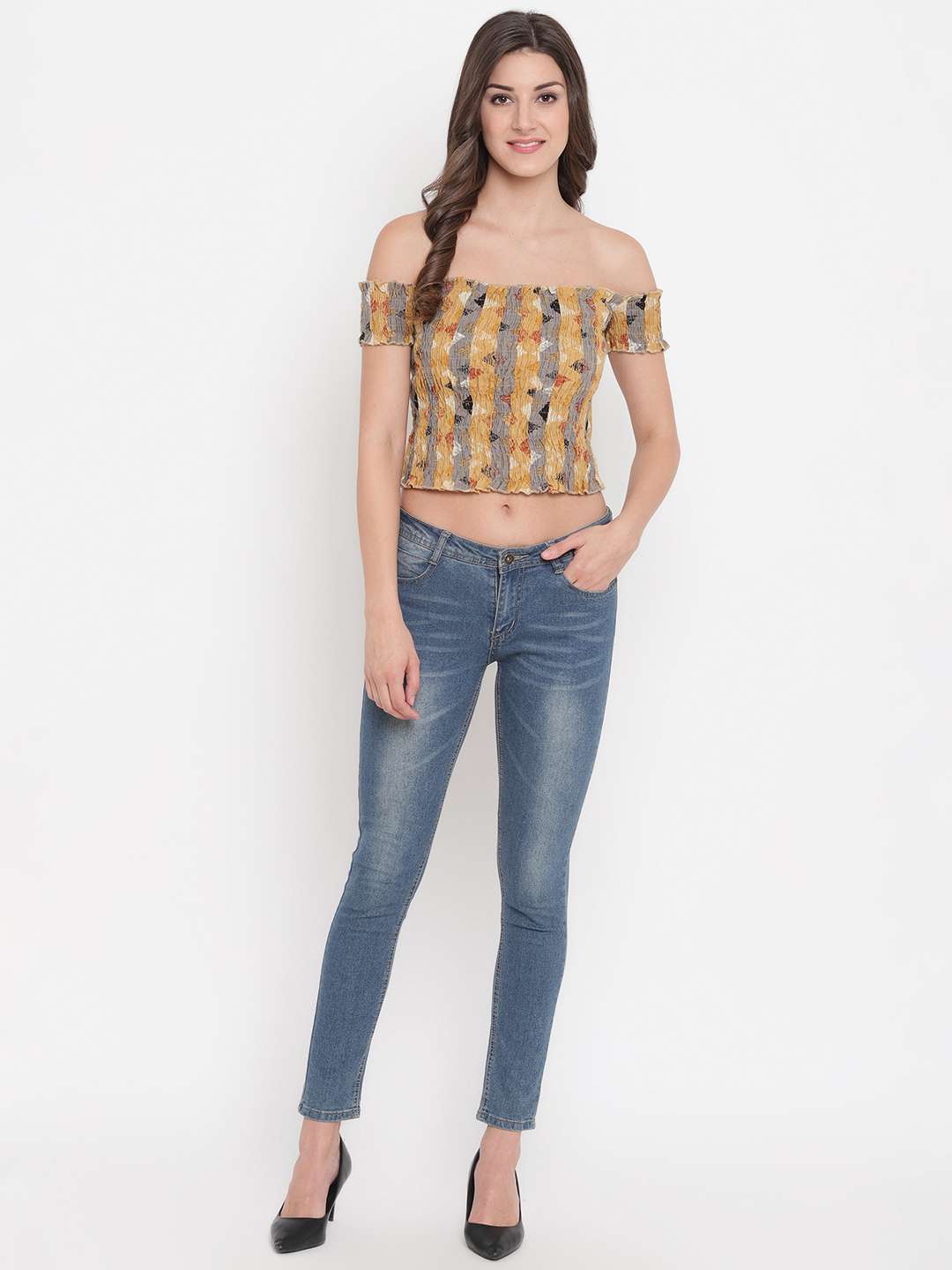 Women’s Rayon Printed Off-Shoulder Smocked Crop Top Short Sleeve Casual Styles Tank Top (FREE SIZE) Multi40 - Image 3