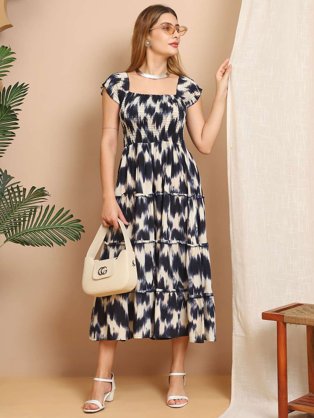 Women’s Viscos Rayon Printed Off Shoulder Midi Dress For Summer And Casual Wear (Blue Cream)