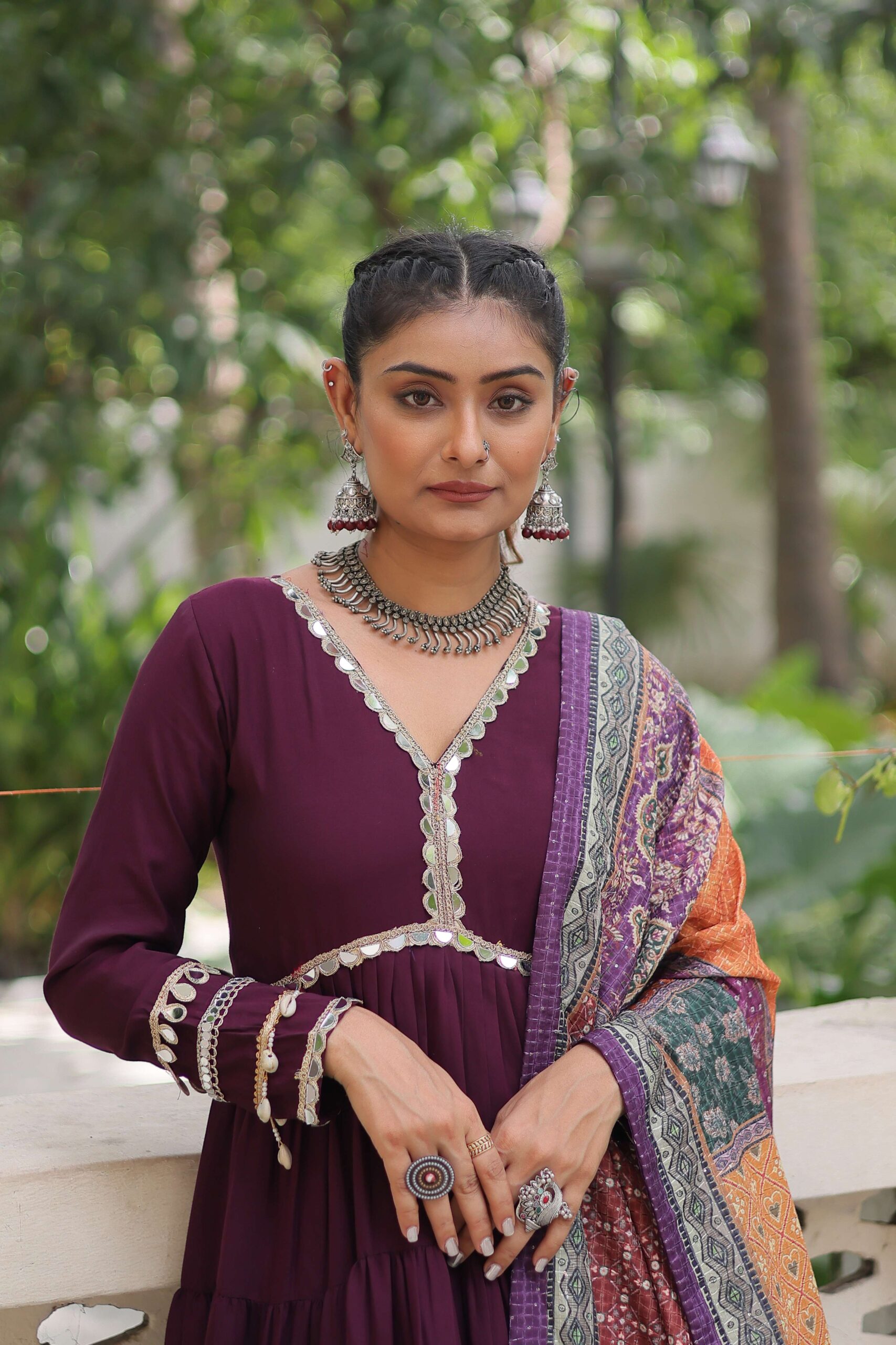 Wine Gown with Dupatta ? Frill Stitching & Mirror Lace Work Ethnic Set for Women - Image 4