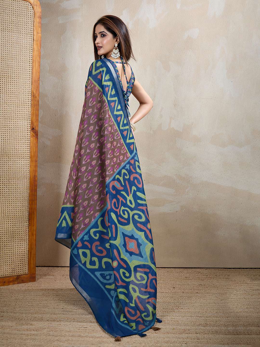 Brown & Blue Ikat Printed Chanderi Saree ? Elegant Traditional & Festive Wear - Image 5