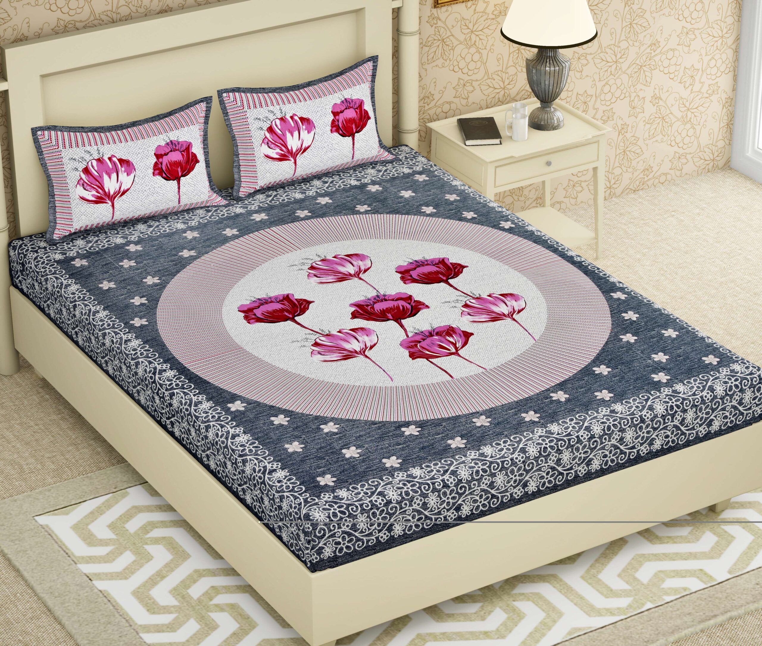 Rajasthani Jaipuri-Stylish Floral Printed Cotton Double Bedsheet With Two Matching Pillow Covers.