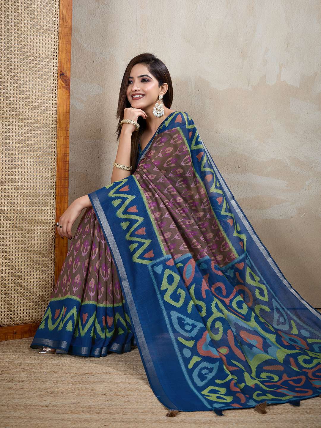 Brown & Blue Ikat Printed Chanderi Saree ? Elegant Traditional & Festive Wear - Image 2