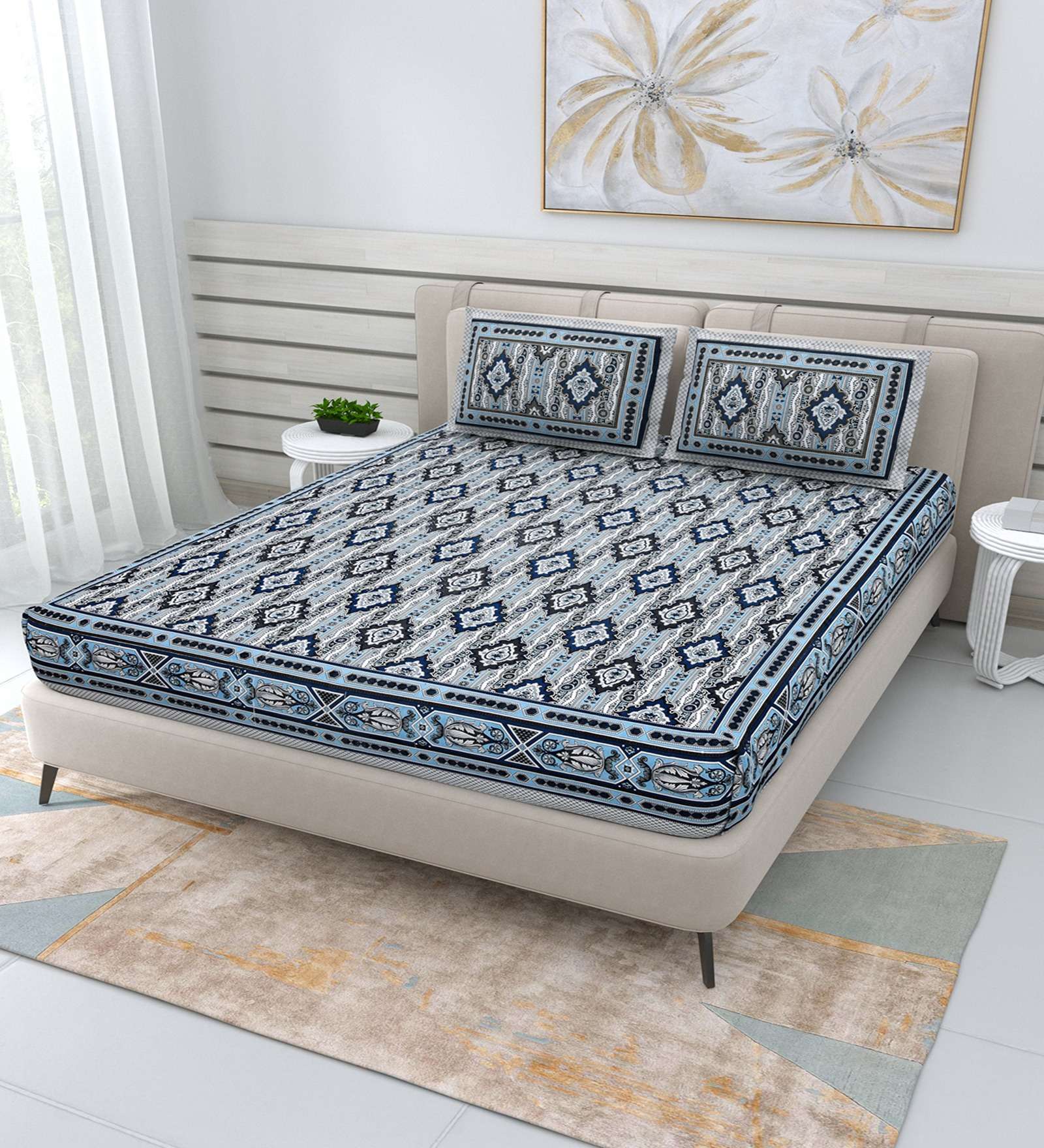 100% Pure Cotton Traditional Printed Bedsheet for Double Bed King Size Bedsheet with 2 Pillow Covers
