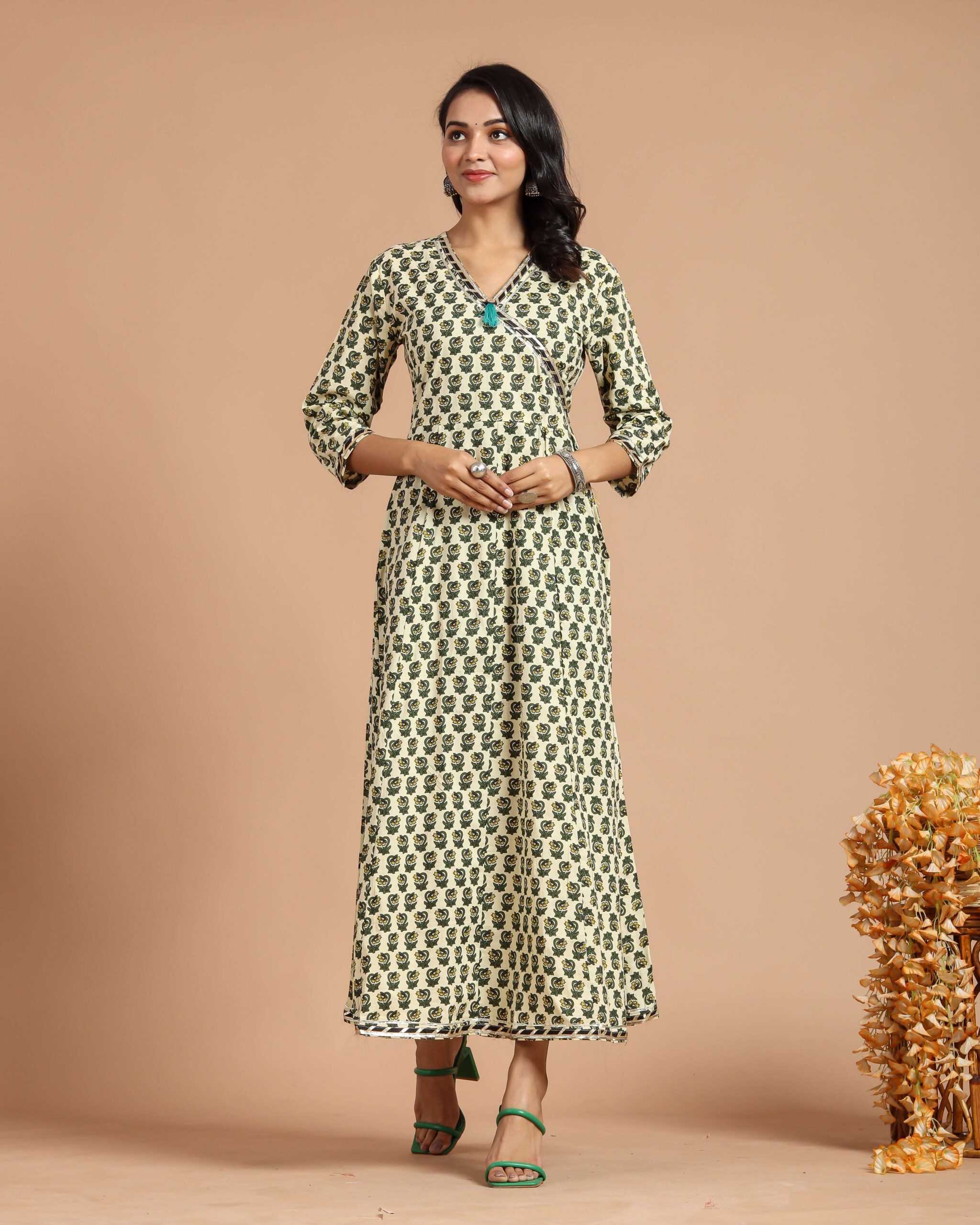 White And Grey Printed Anarkali Maxi Dress with Wrap Style V-Neck & 3/4 Sleeves