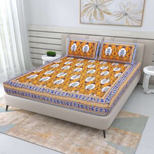 100% Pure Cotton Traditional Printed Bedsheet for Double Bed King Size Bedsheet with 2 Pillow Covers