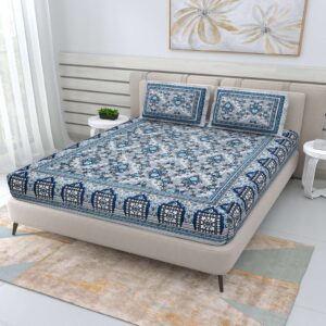 100% Pure Cotton Traditional Printed Bedsheet for Double Bed King Size Bedsheet with 2 Pillow Covers