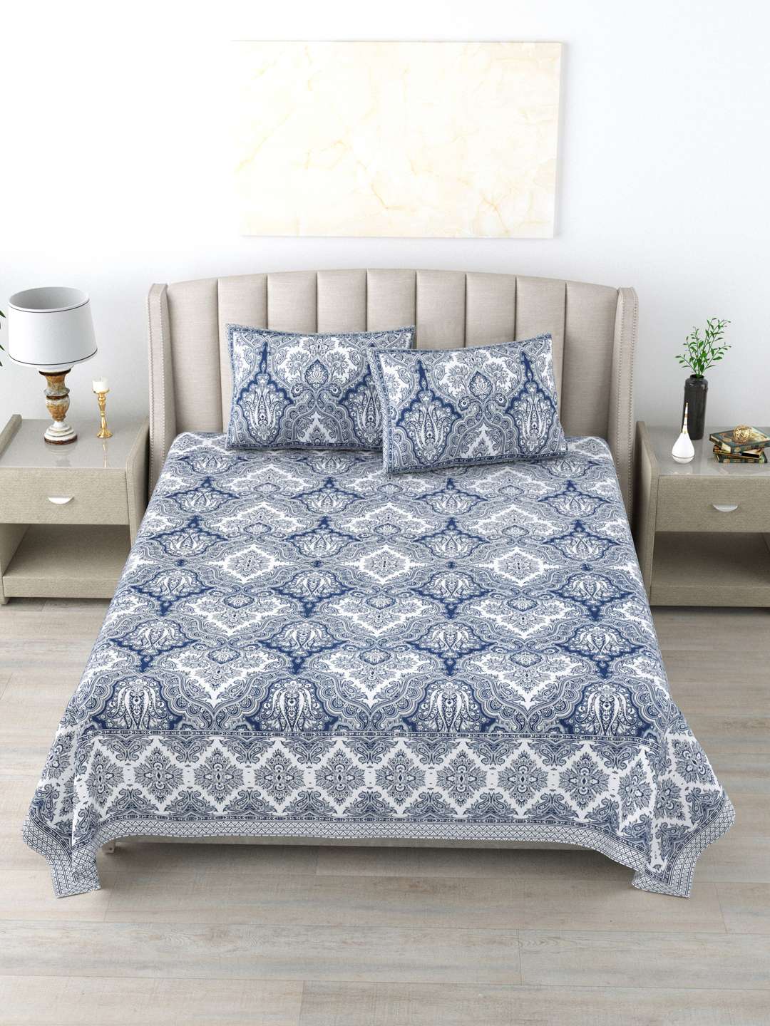 100% Pure Cotton Traditional Printed Bedsheet for Double Bed King Size Bedsheet with 2 Pillow Covers