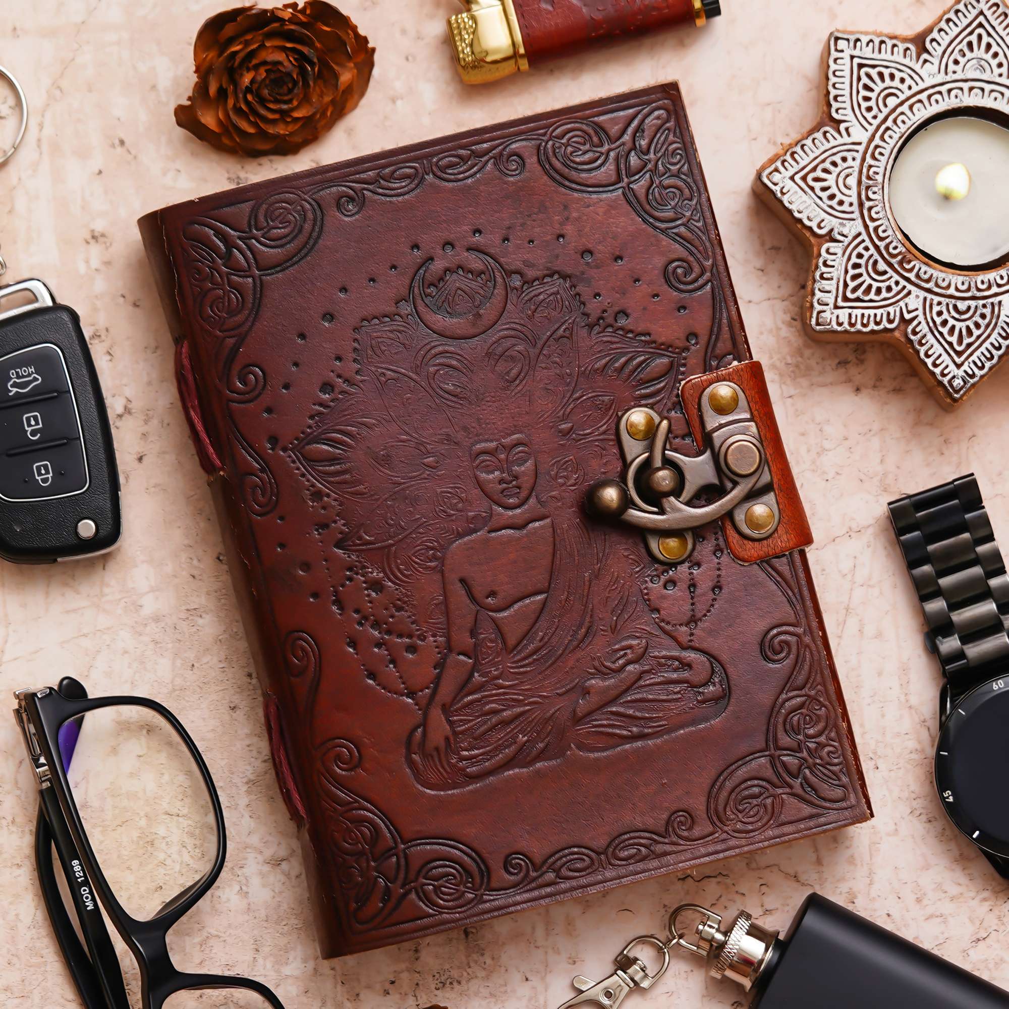 Brown Embossed Goddess Handmade Leather Diary & Journal