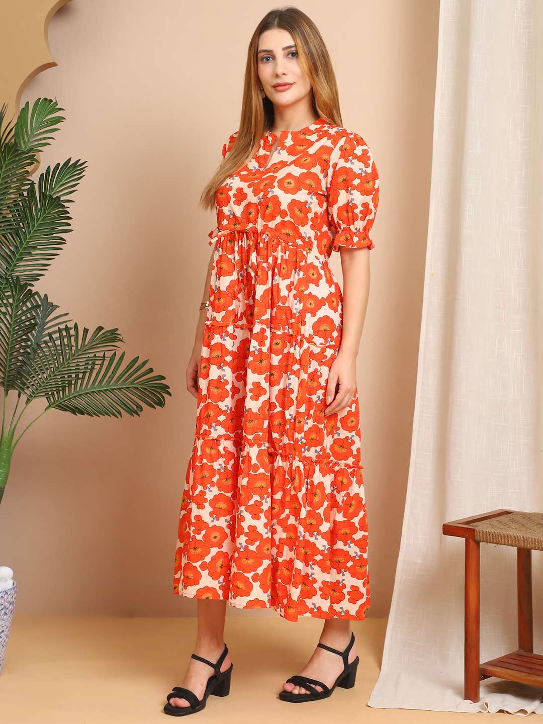 Women’s Cotton Printed Fit & Flare Anarkali Gown Midi Dress