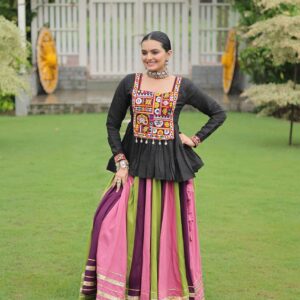 Multicolor Navratri Lehenga Choli Set with Black Peplum Top