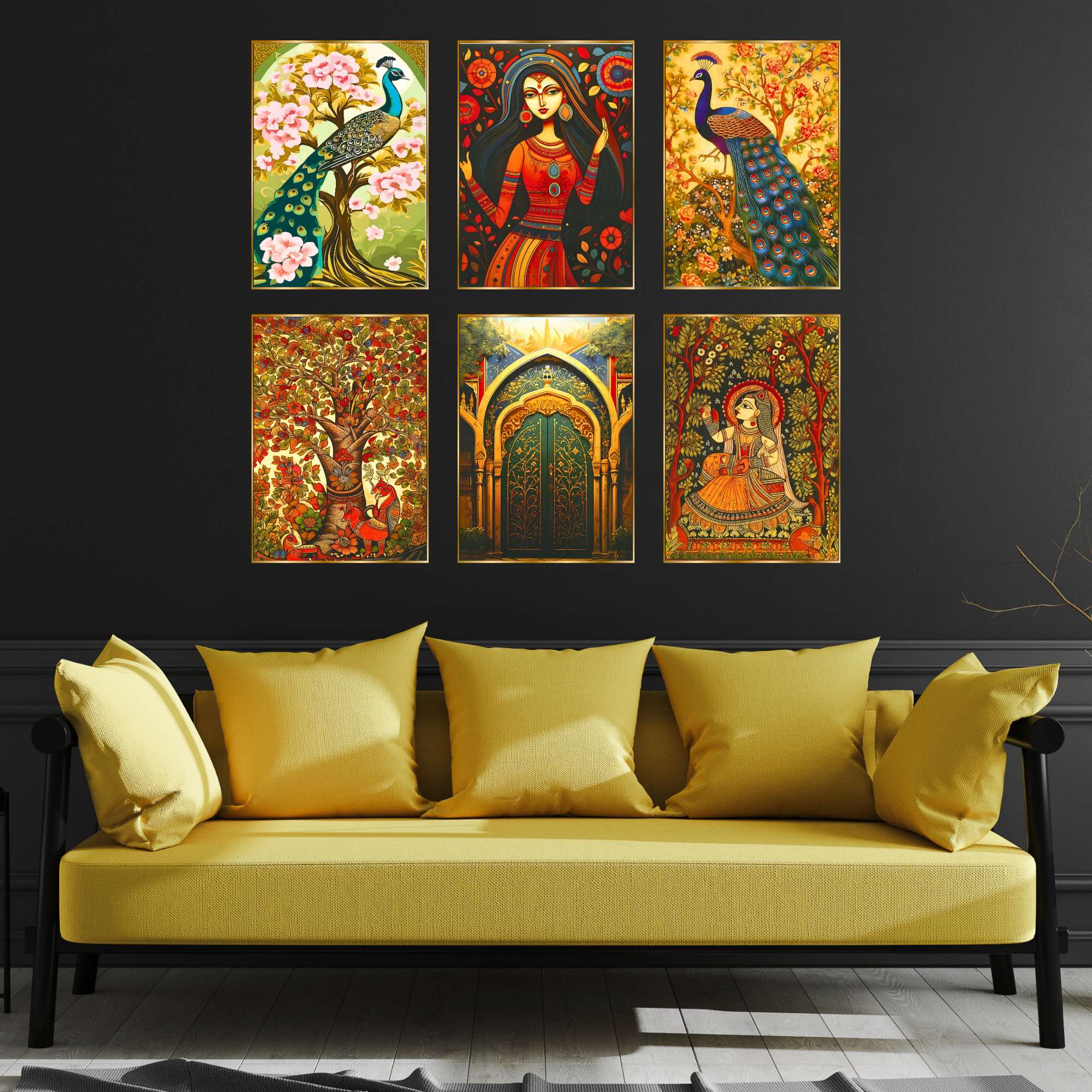 Set of Six Wall Paintings for Wall Dacoration Golden Framed Wall Paintings for Living Room & Bedroom Wall Art for Home Decora