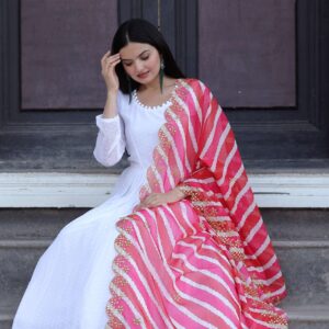Elegant Pink Georgette Gown with Organza Dupatta ? Designer Kalamkari & Leheriya Print Ensemble