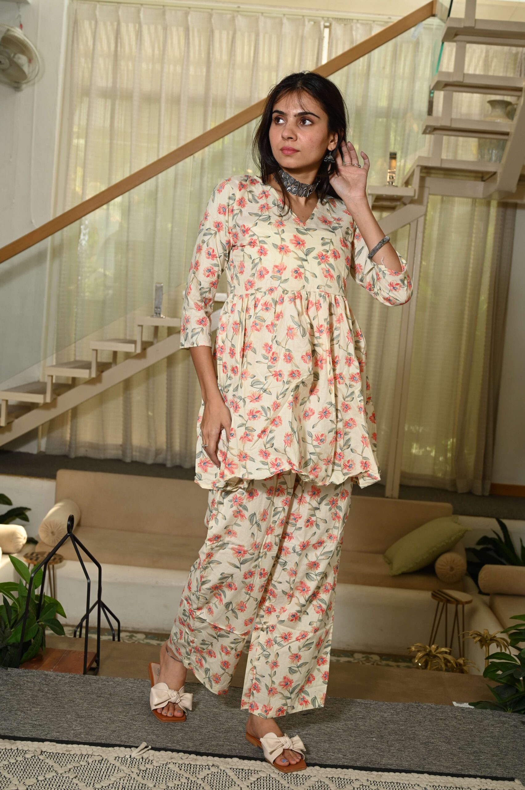 Off-White Floral Print Cotton Co-ord Set for Women ? Peplum Kurta & Straight Pants, Casual Ethnic Wear