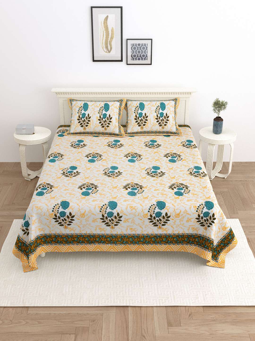 100% Pure Cotton Traditional Printed Bedsheet for Double Bed King Size Bedsheet with 2 Pillow Covers