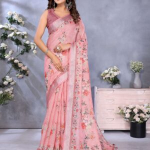 Pink Floral Print Linen Shimmer Saree