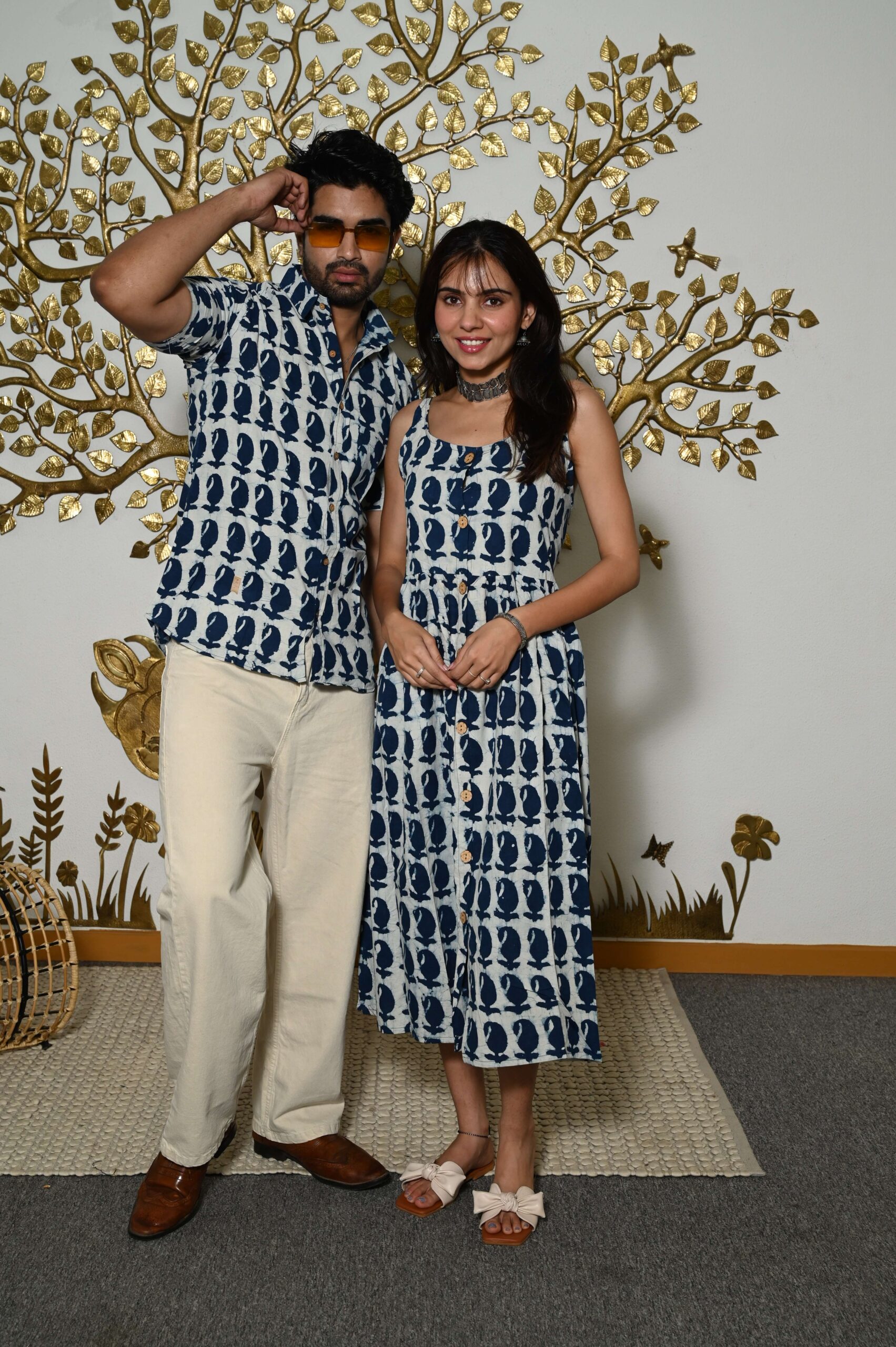 Couple Matching Outfit ? White Blue Cotton Printed Midi Dress & Shirt Set, Summer Casual Wear