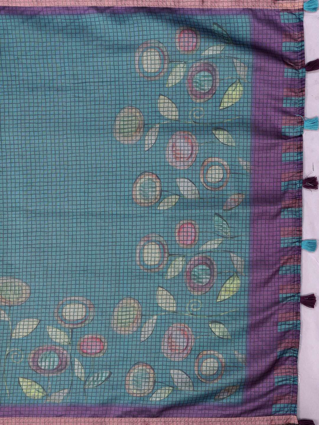 Teal Blue & Purple Black Chanderi Saree ? Checkered Digital Print with Leaf Motifs & Tassel Pallu - Image 5
