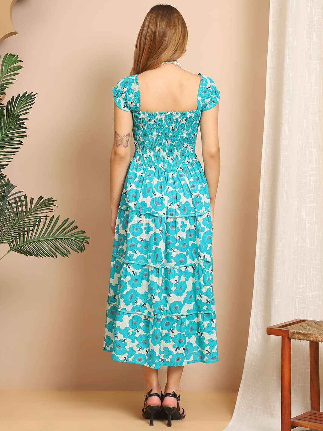 Women’s Viscos Rayon Printed Off Shoulder Midi Dress For Summer And Casual Wear (Blue Floral)