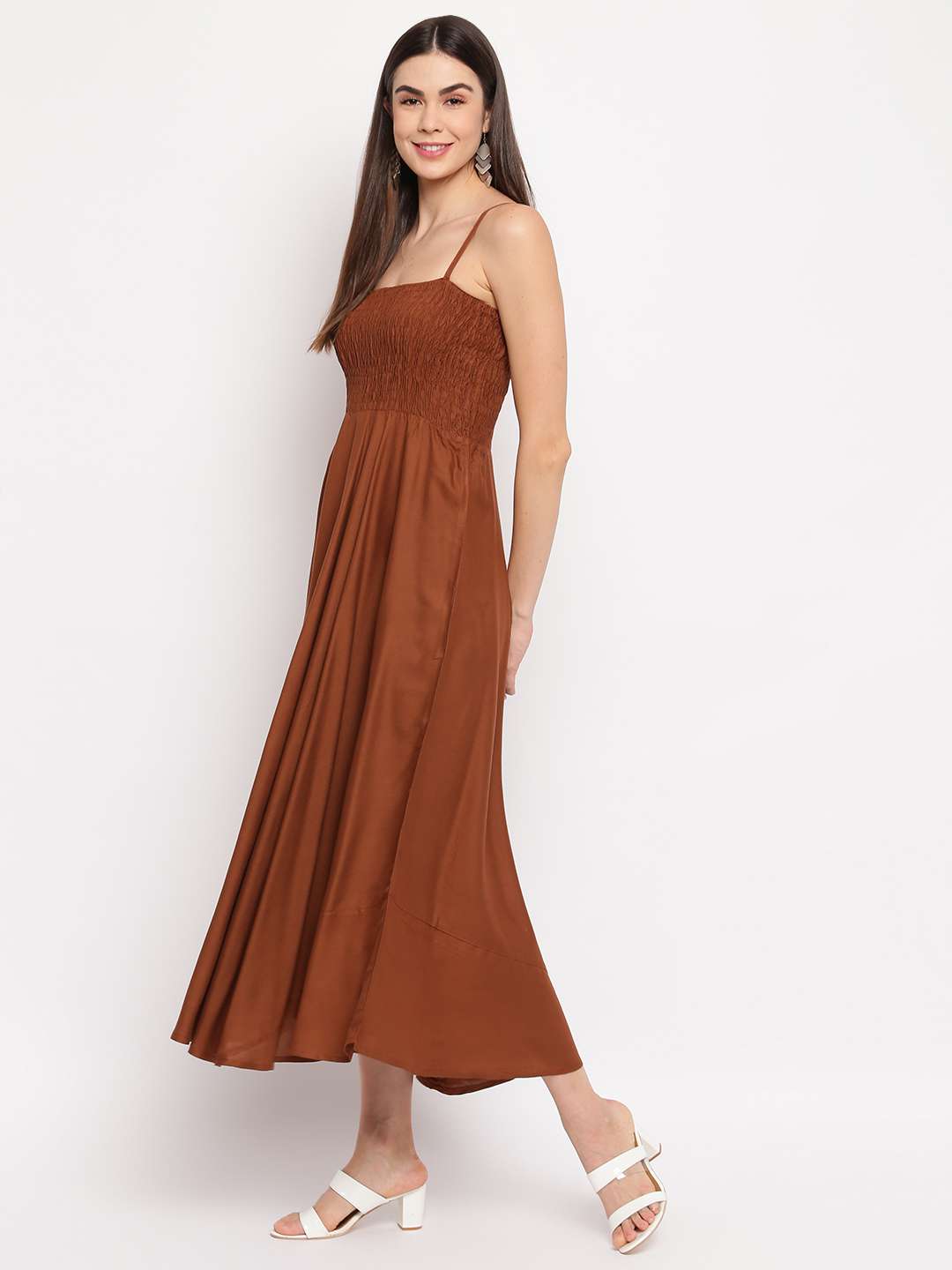 Women’s Viscose Rayon Solid Shoulder Straps Sleeveless Flared Gown Drees (Brown)