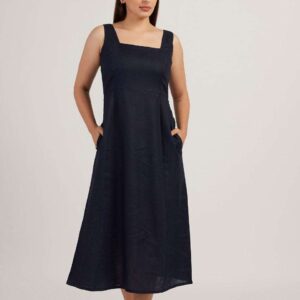 Women's Cotton Solid Pain Sleeveless Midi Dress Stylish Western One Piece Casual Empire Dress ( Indigo )