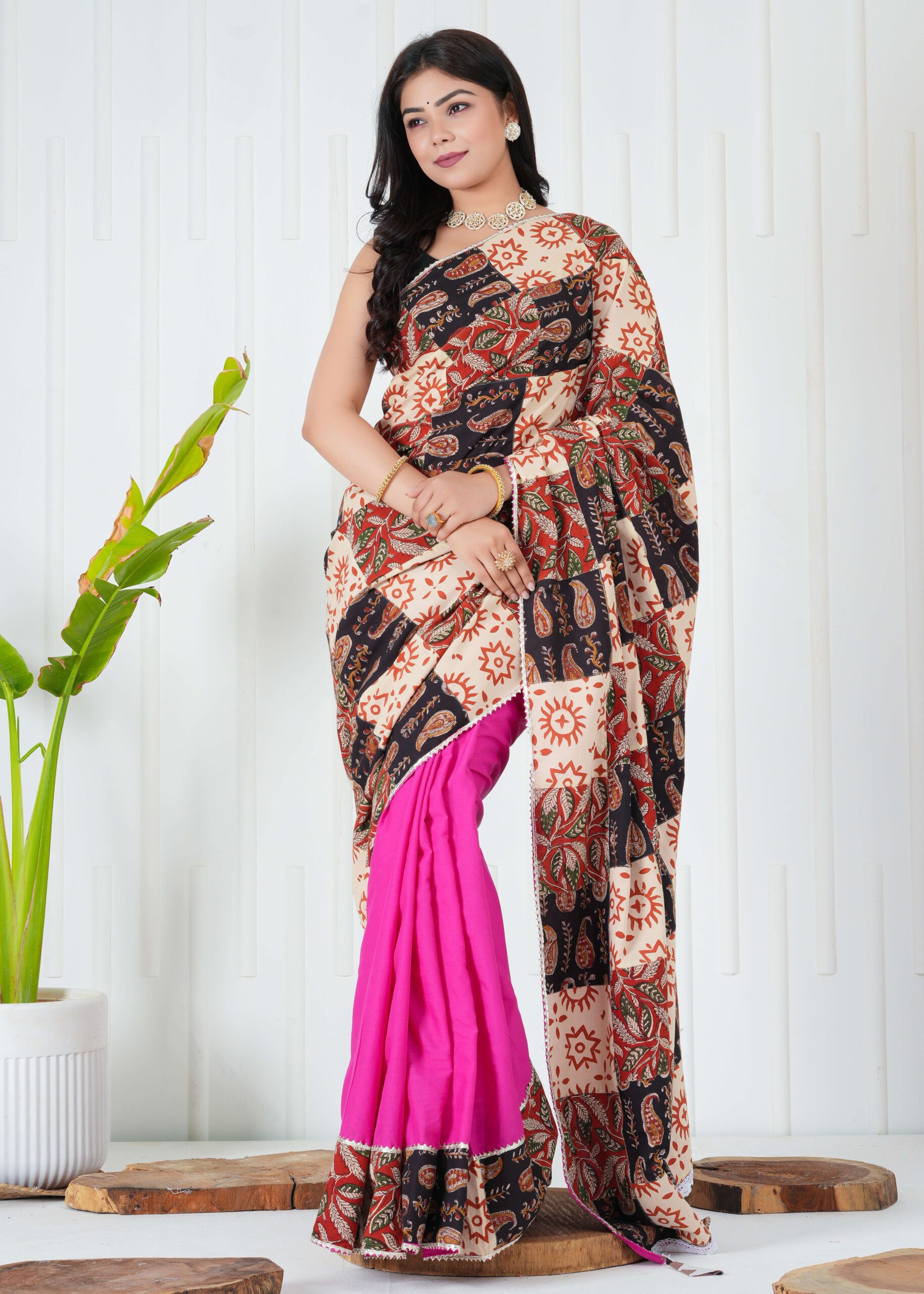 Women’s Cream Black Patchwork Printed Saree with Pink Base Blouse Piece Elegant Ethnic Wear