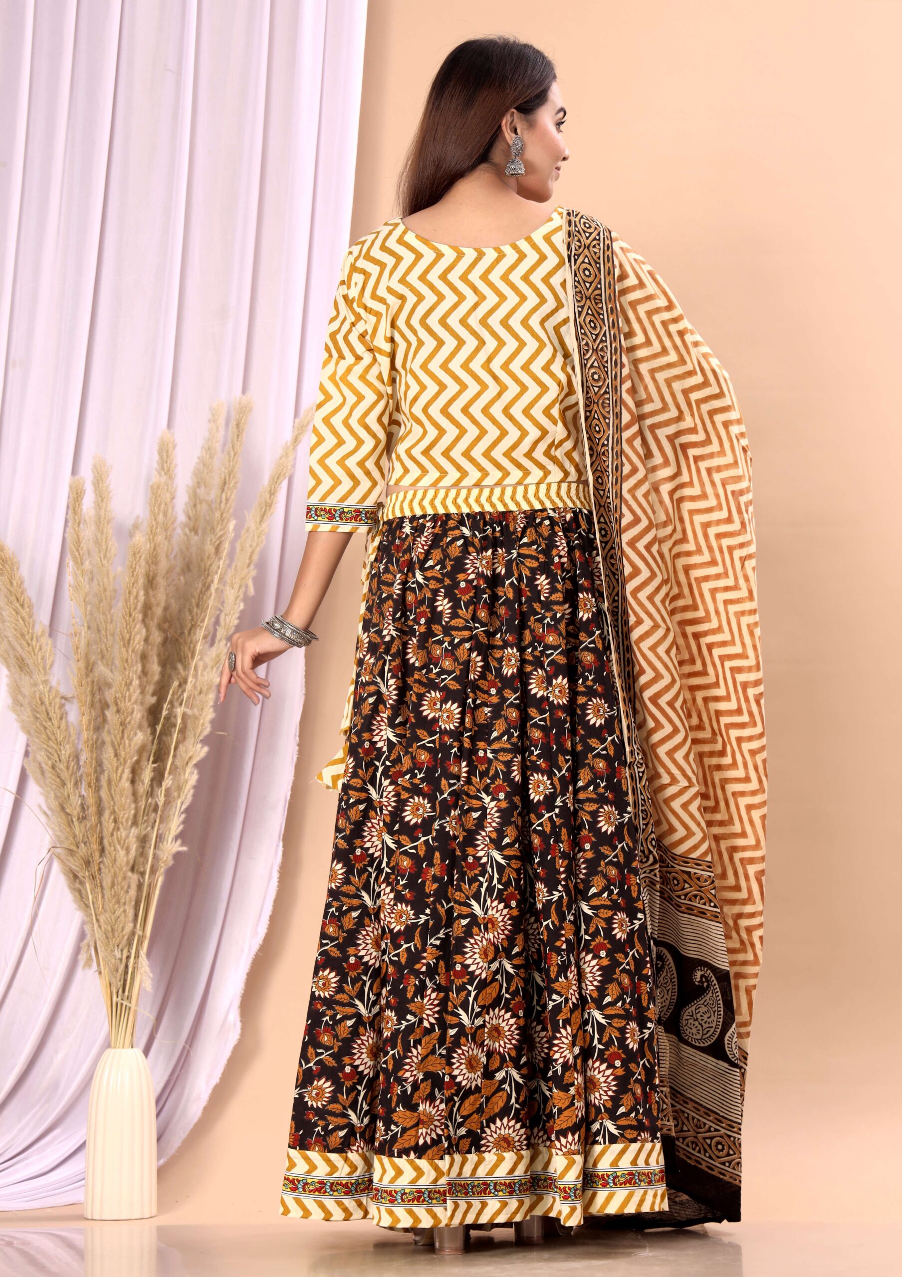 Women’s Mustard Yellow Cotton Printed Lehenga Choli Dupatta Set - Image 2
