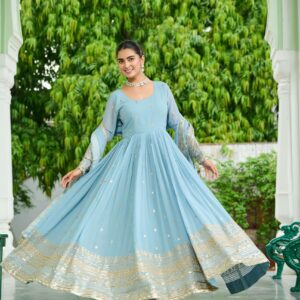 SKY Designer Faux Georgette Gown with Dupatta ? Embroidered & Sequins Work Ethnic Set for Women