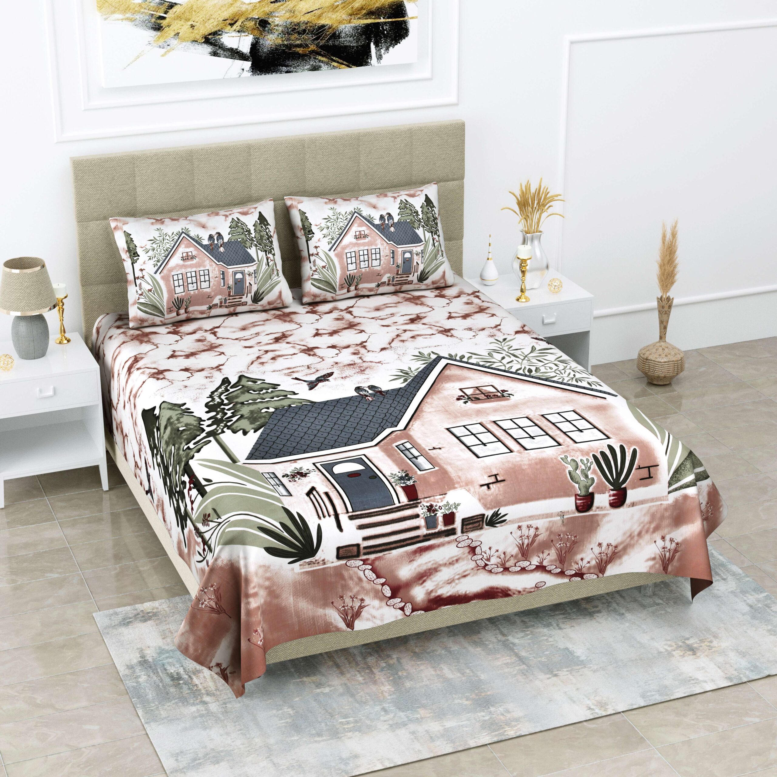 Printed Cotton Chamber Double Bedsheet With Two Pillow Covers