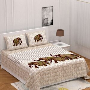 Jaipuri Printed Cotton Double Bed Bedsheet And two pillow covers An Elephant Pattern.