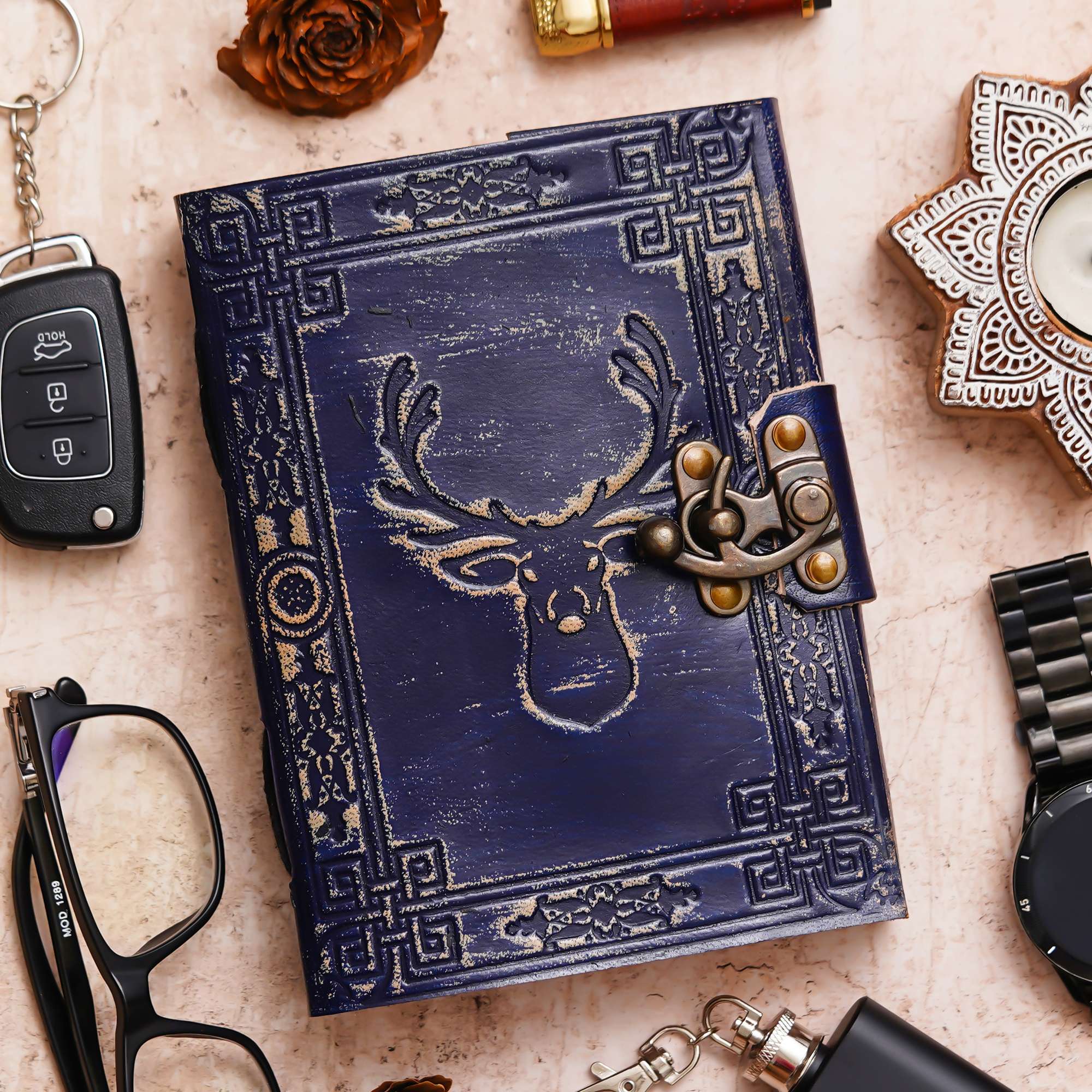 Blue Stag Embossed Handmade Leather Diary & Journal